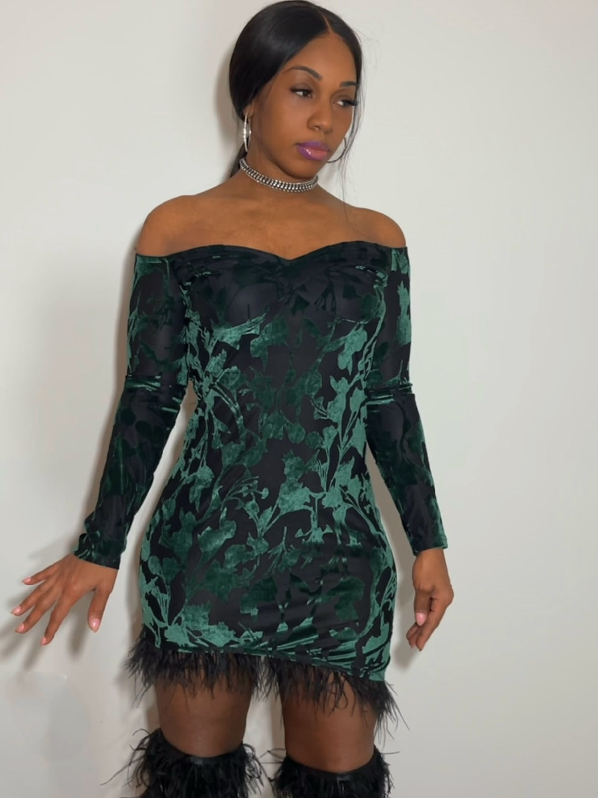 Burlesque feather trim suede dress