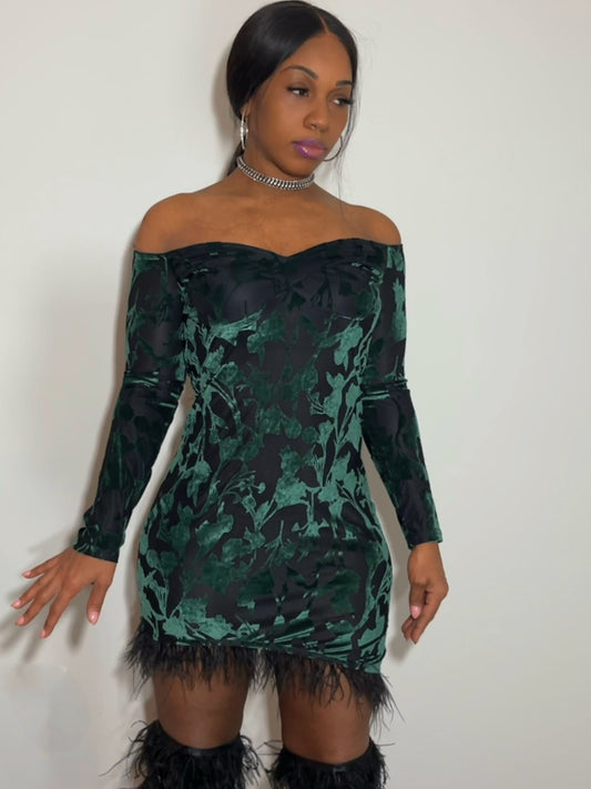 Burlesque feather trim suede dress