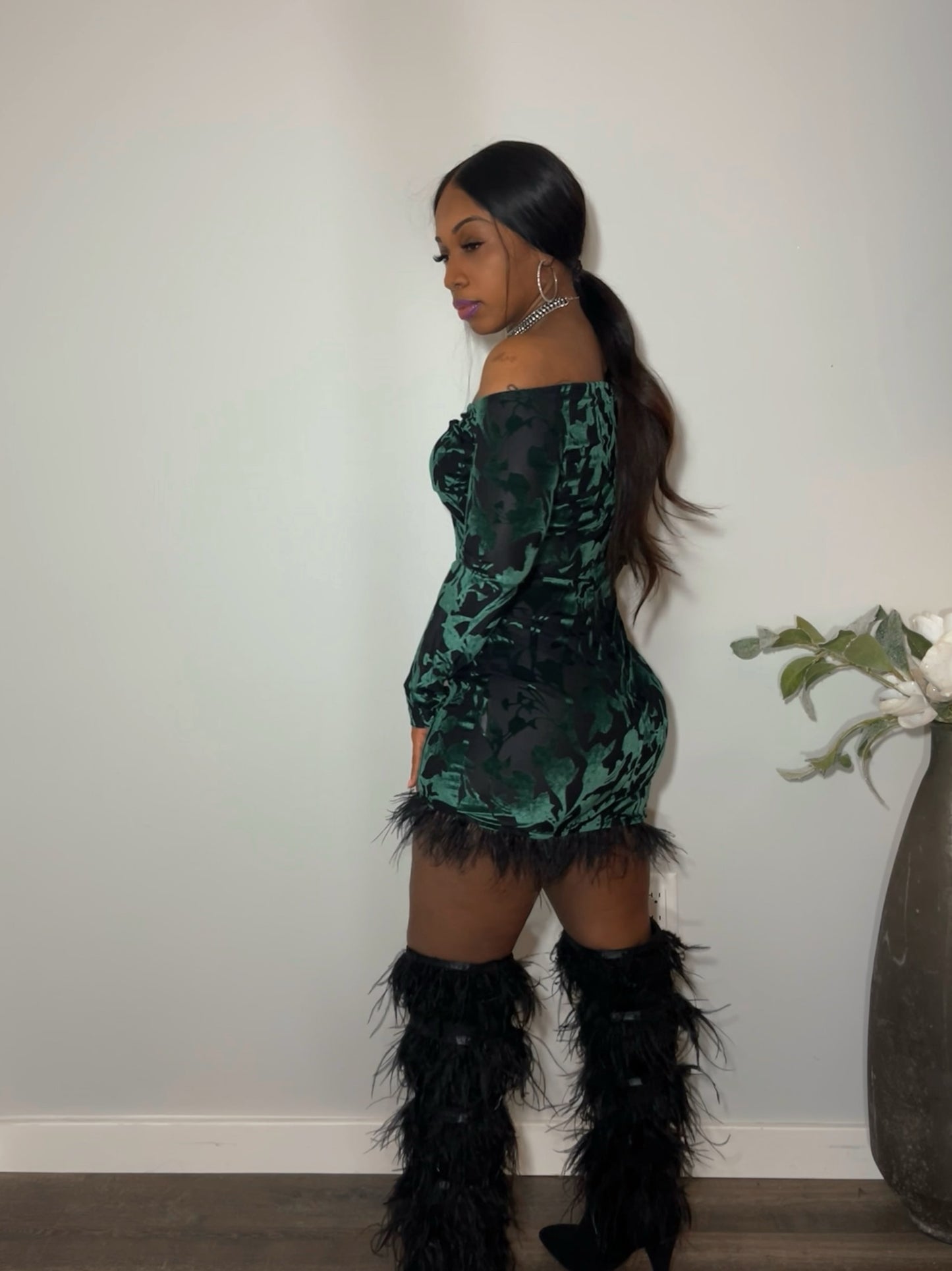 Burlesque feather trim suede dress