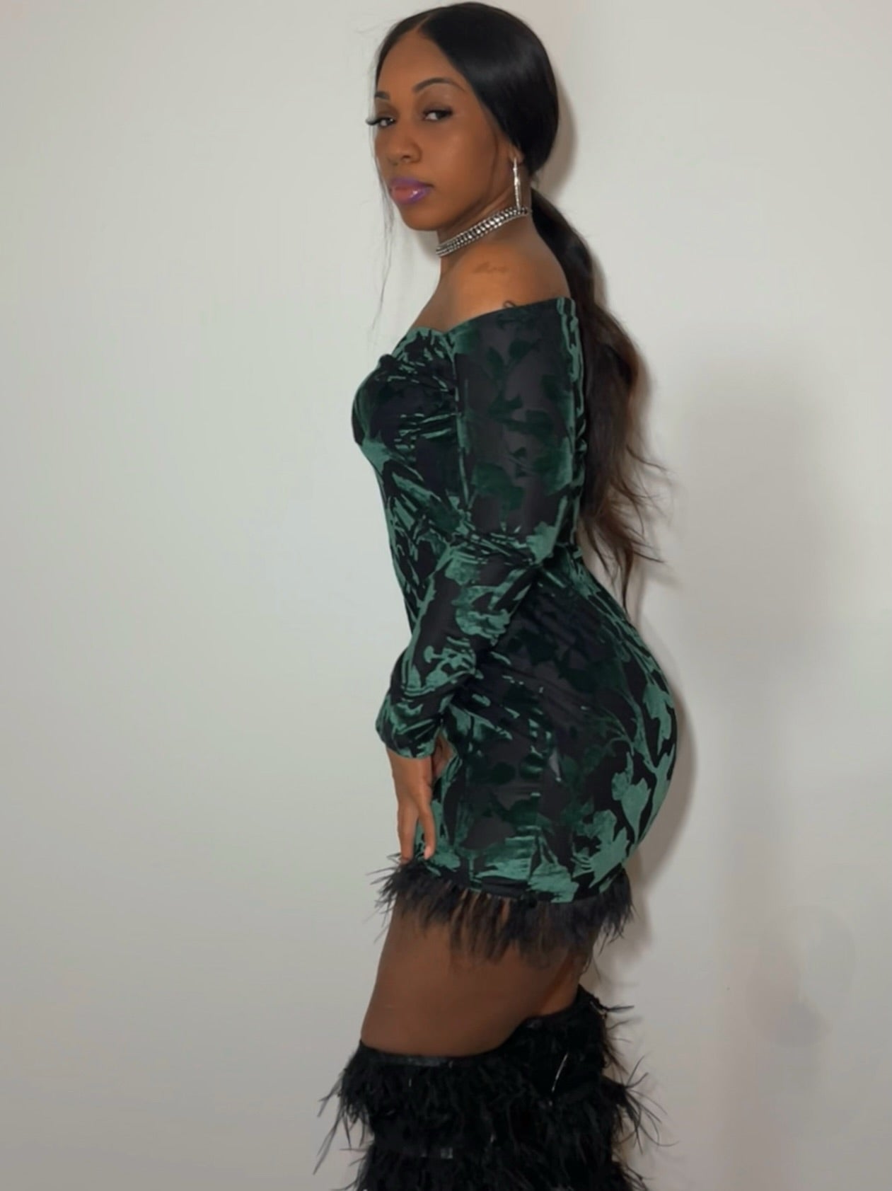 Burlesque feather trim suede dress