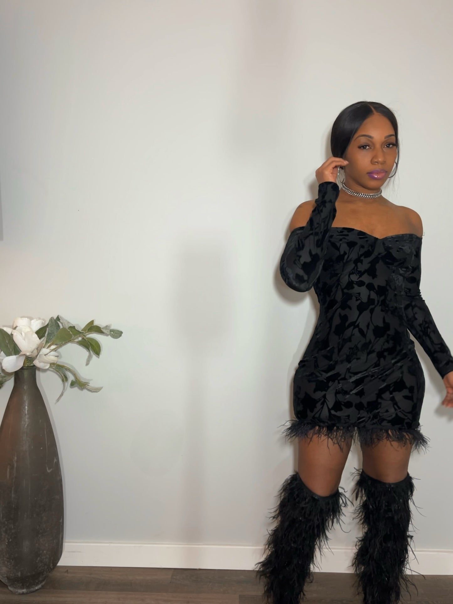 Burlesque feather trim suede dress