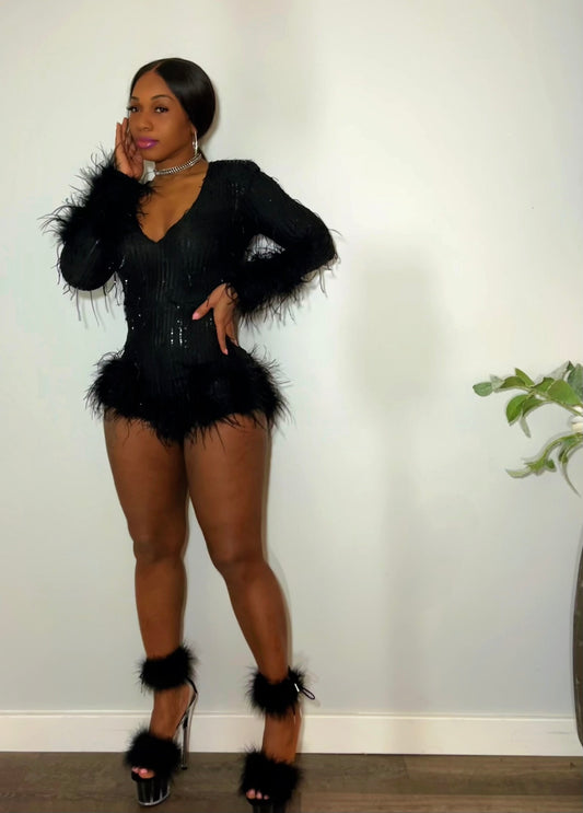 Champagne nights sequence ostrich feathered jumpsuit